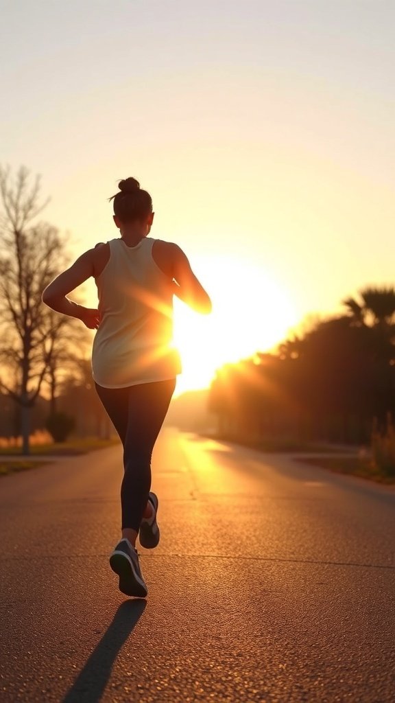 A steaming cup of coffee on a table with a person jogging in the background, illuminated by morning sunlight.