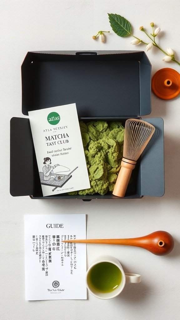 Matcha tea ceremony setup with bamboo whisk and matcha powder