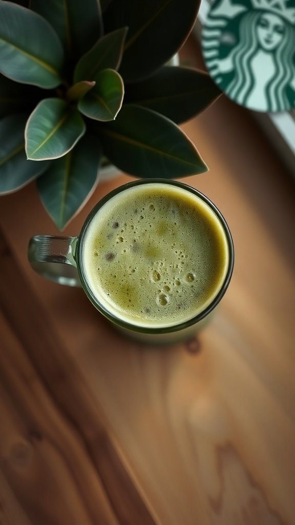 A top view of a green tea latte in a glass mug with a plant in the background.