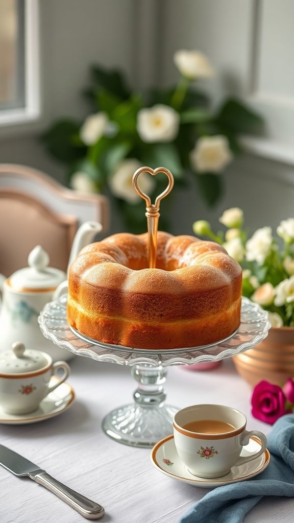 A beautifully arranged coffee cake on a glass stand with tea cups and flowers in the background.