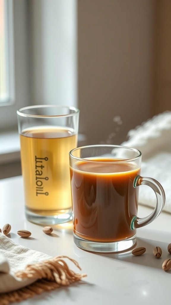 A steaming cup of coffee next to a glass of apple cider vinegar on a table.