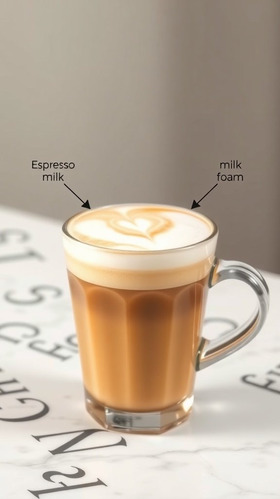 A cappuccino with espresso milk and milk foam, showcasing the perfect balance of ingredients.