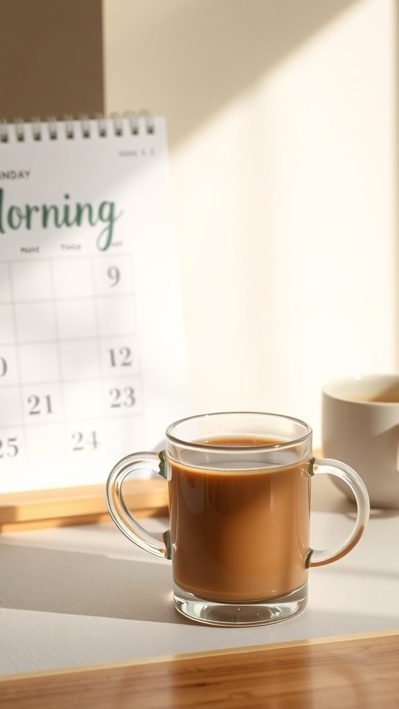 A cup of coffee next to a calendar marked 'morning'