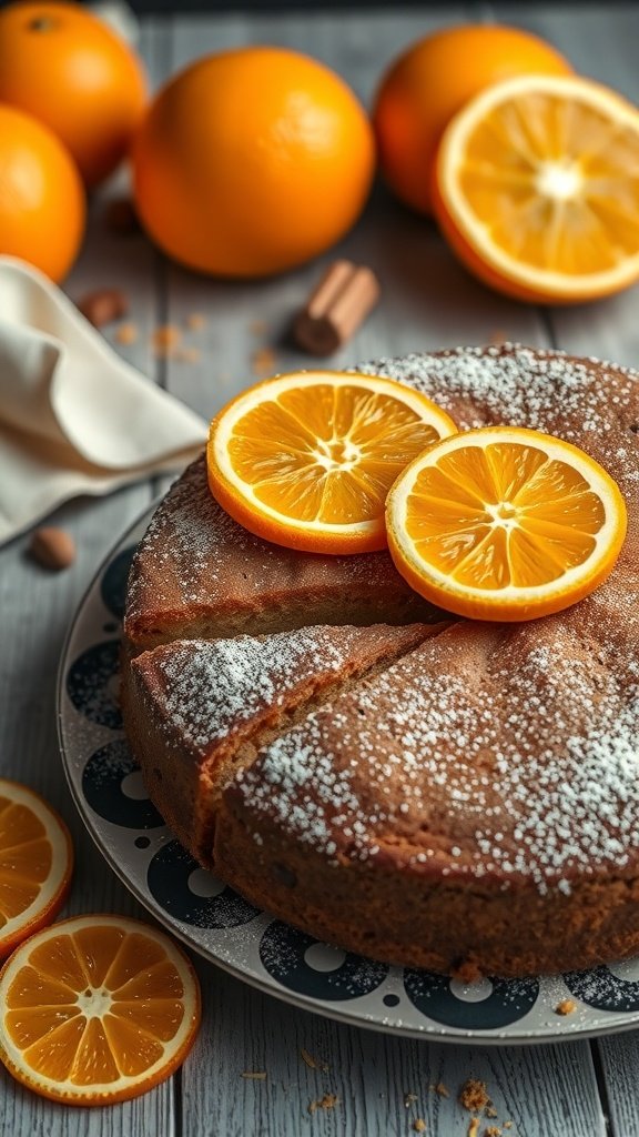 A delicious coffee cake topped with orange slices, surrounded by fresh oranges.