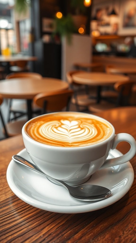 A beautifully crafted cappuccino with latte art in a white cup on a wooden table.