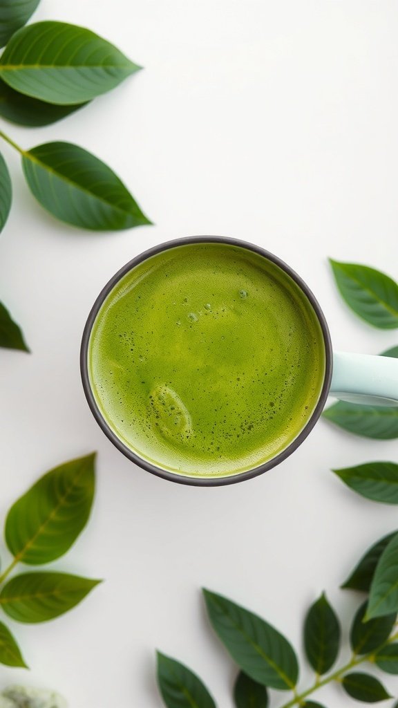 A top view of a green matcha latte in a cup surrounded by green leaves.