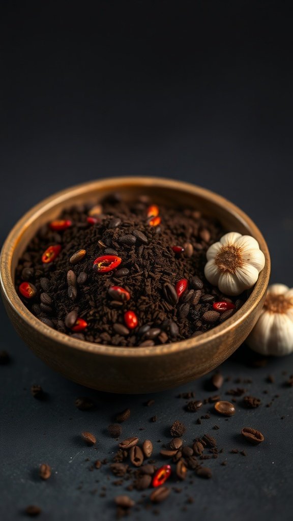 A bowl of coffee grounds with spices and garlic.