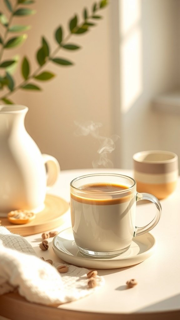 A steaming cup of coffee on a table with a cozy setting