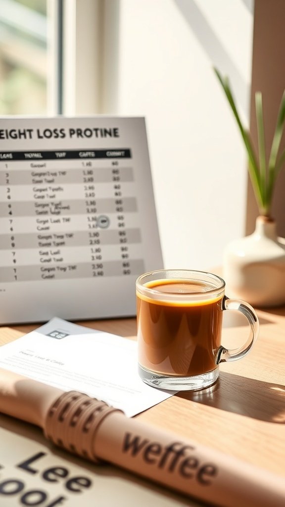 A cup of coffee on a table with a weight loss protein chart in the background.