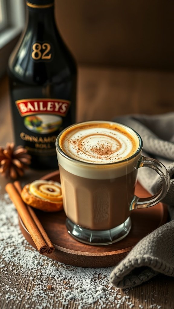 A cup of Baileys Cinnamon Roll Coffee topped with whipped cream and cinnamon, alongside a bottle of Baileys and a cinnamon roll.