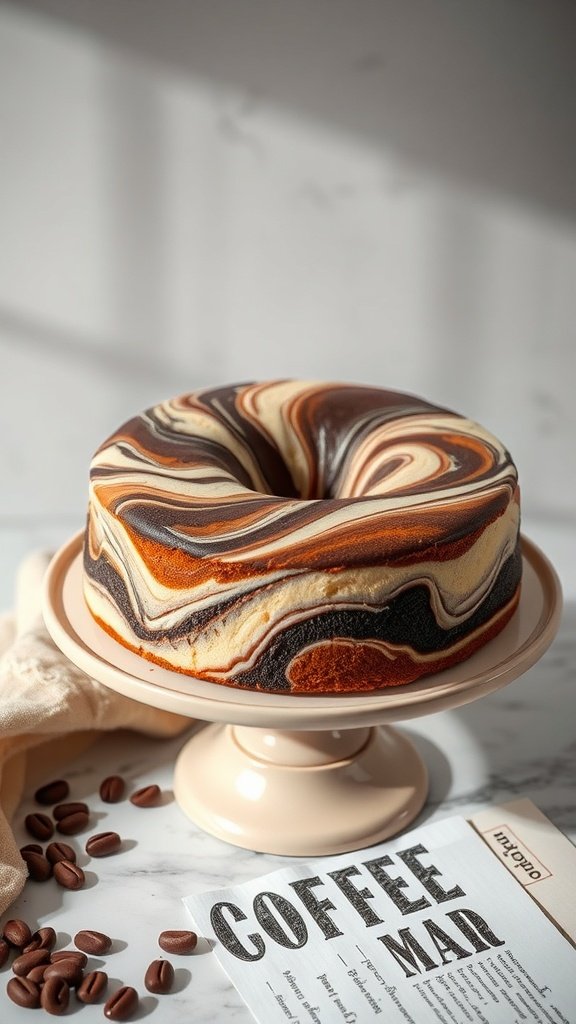 A beautifully swirled marble coffee cake on a stand with coffee beans and a coffee-themed magazine.