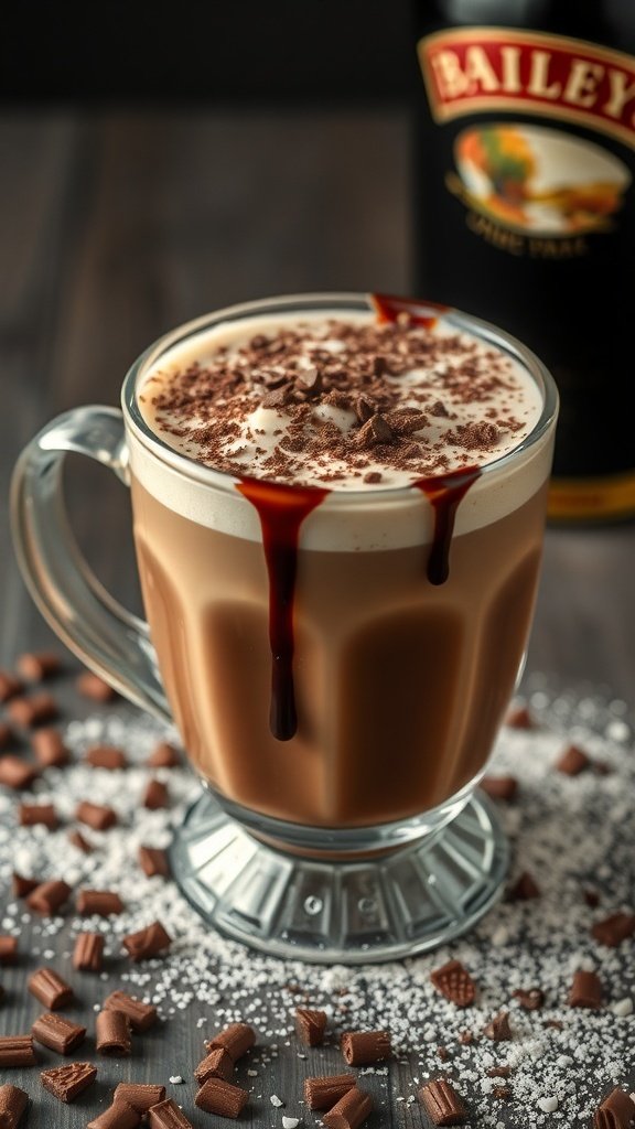 A delicious mocha coffee topped with whipped cream and chocolate shavings, with a bottle of Baileys in the background.
