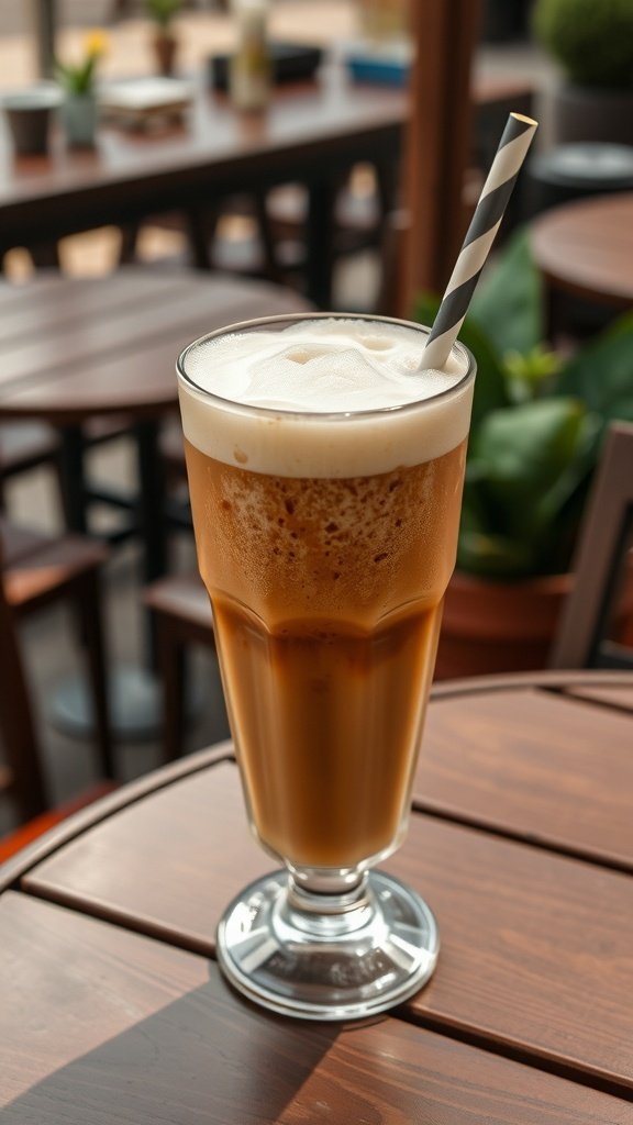 A tall glass of frozen Irish coffee with a striped straw on a wooden table.