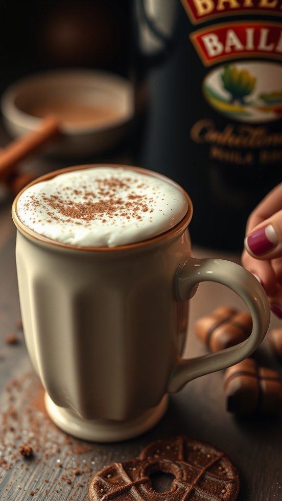 A cozy cup of Baileys Vanilla Latte topped with cocoa powder, surrounded by chocolate treats.