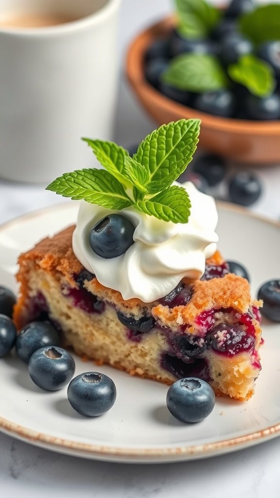 Slice of blueberry sour cream coffee cake topped with whipped cream and fresh blueberries