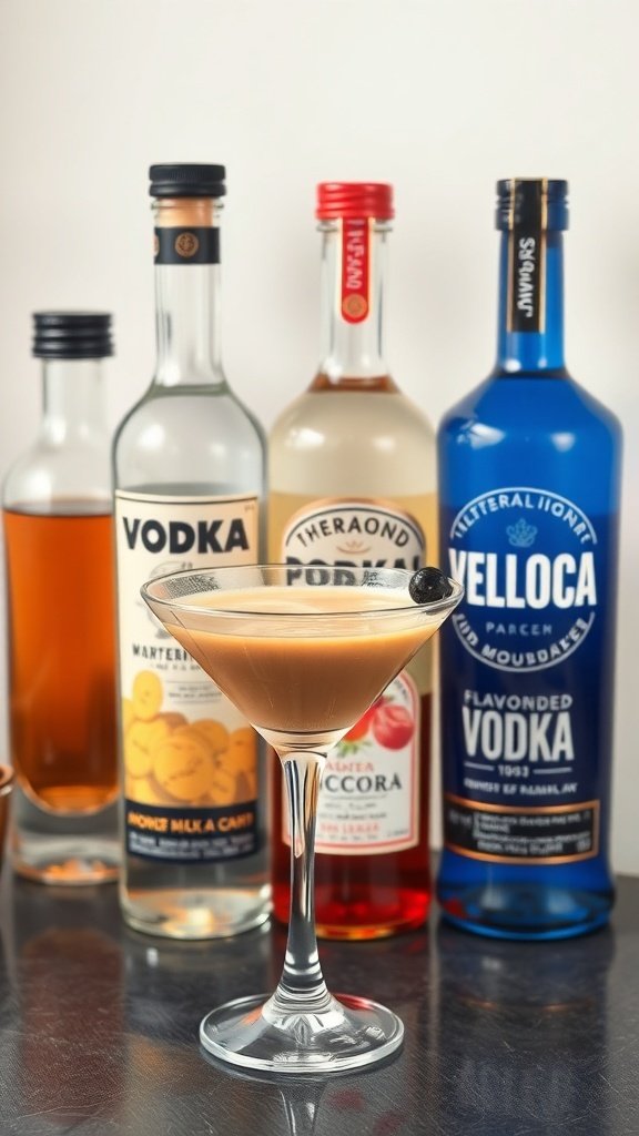 A coffee martini in a glass with various flavored vodka bottles in the background.