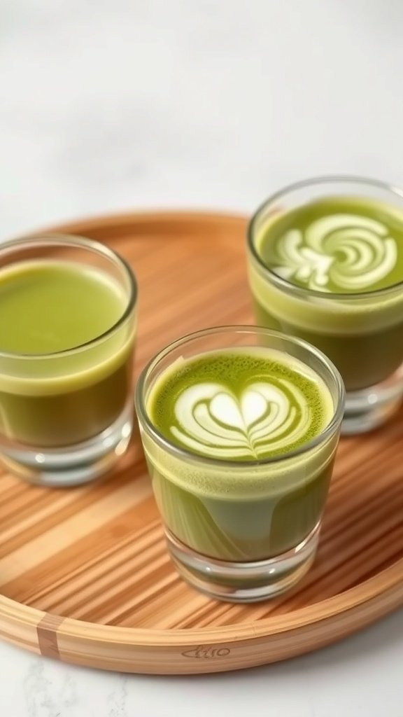 Layered glass matcha presentation with three cups on a wooden tray