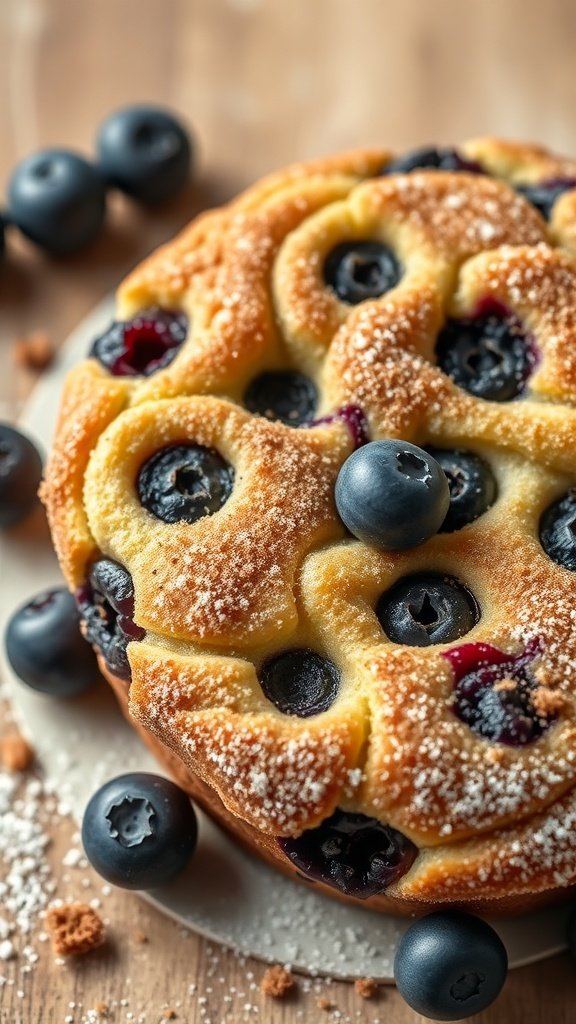 Blueberry sour cream coffee cake topped with cinnamon sugar