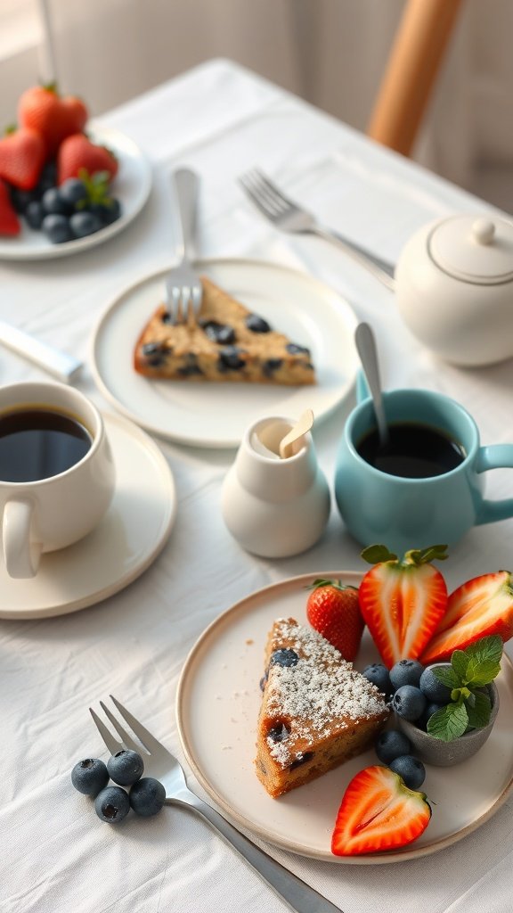 A beautifully arranged breakfast table featuring blueberry sour cream coffee cake, fresh strawberries, blueberries, and cups of coffee.