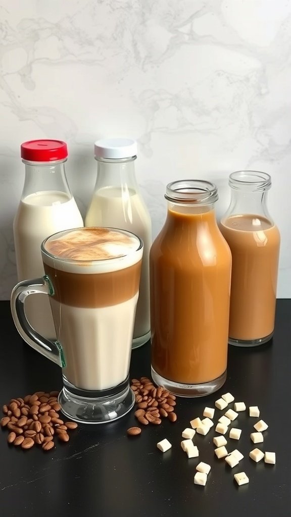A variety of milk bottles next to a caramel brûlée cappuccino in a glass, with coffee beans and caramel pieces.