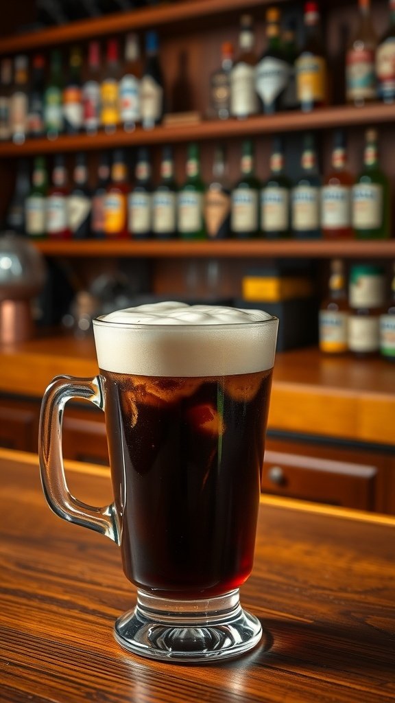 A glass of Irish coffee with whiskey on a wooden bar counter.