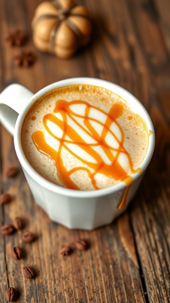 A delicious caramel brulee cappuccino topped with caramel drizzle.
