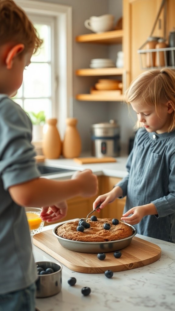 Children decorating a blueberry sour cream coffee cake in a cozy kitchen.
