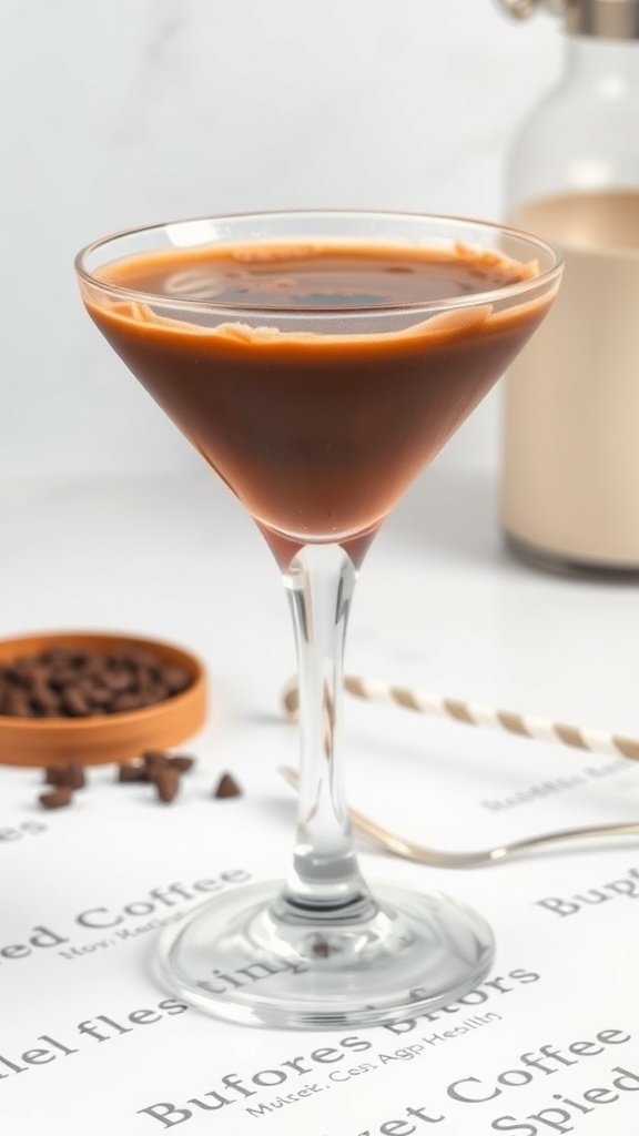 A coffee martini mocktail in a classic martini glass, showcasing its rich brown color, with coffee beans in the background.