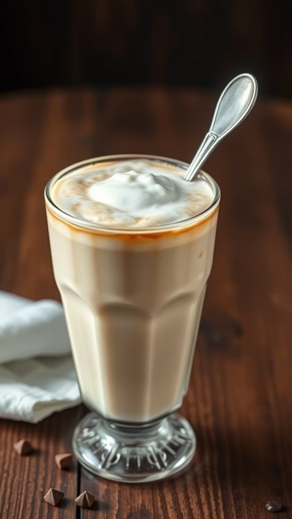 A glass of Greek frappe coffee topped with foam and a spoon.