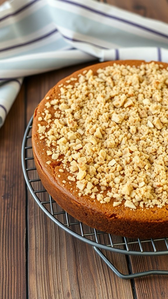 A freshly baked coffee crunch cake on a cooling rack.