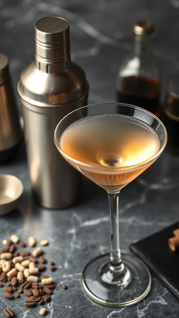 A stylish coffee martini in a glass with coffee beans and a shaker in the background.