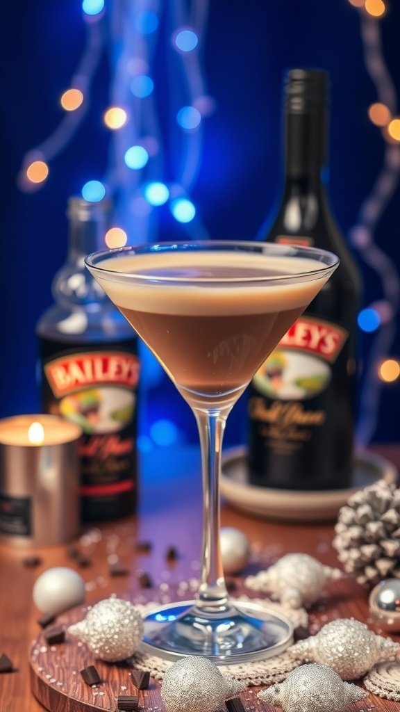 A Coffee Martini with Baileys Irish Cream in a stylish glass, surrounded by festive decorations.