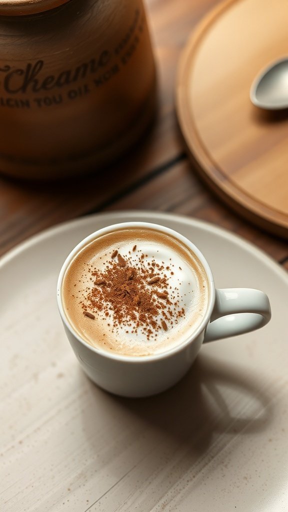 A beautifully crafted cappuccino topped with cocoa powder in a white cup.