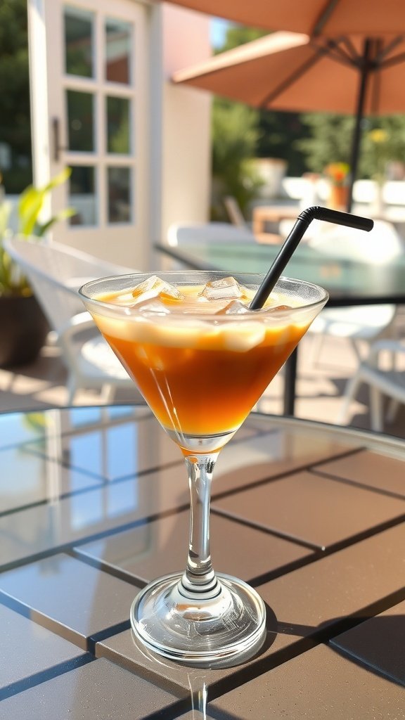 A refreshing iced coffee martini with ice cubes, served in a stylish glass on a table.