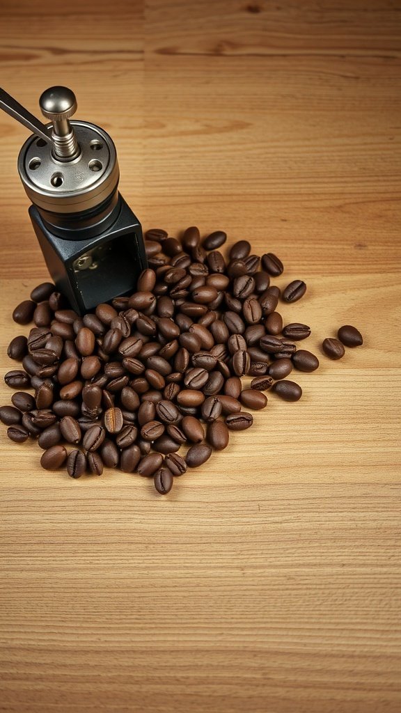 A coffee grinder with a pile of coffee beans on a wooden surface.