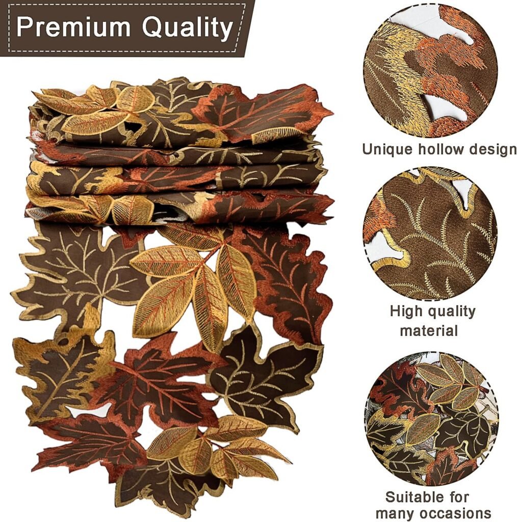 Set of 4 Round Fall Embroidered Placemats with Maple Leaves Design, Farmhouse Fall Thanksgiving Table Harvest Decorations (Round 15 inches)
