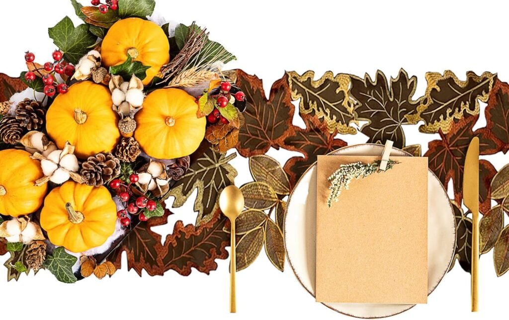 Set of 4 Round Fall Embroidered Placemats with Maple Leaves Design, Farmhouse Fall Thanksgiving Table Harvest Decorations (Round 15 inches)