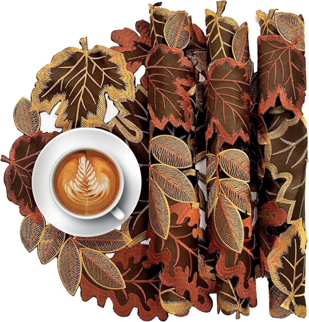 Set of 4 Round Fall Embroidered Placemats with Maple Leaves Design, Farmhouse Fall Thanksgiving Table Harvest Decorations (Round 15 inches)