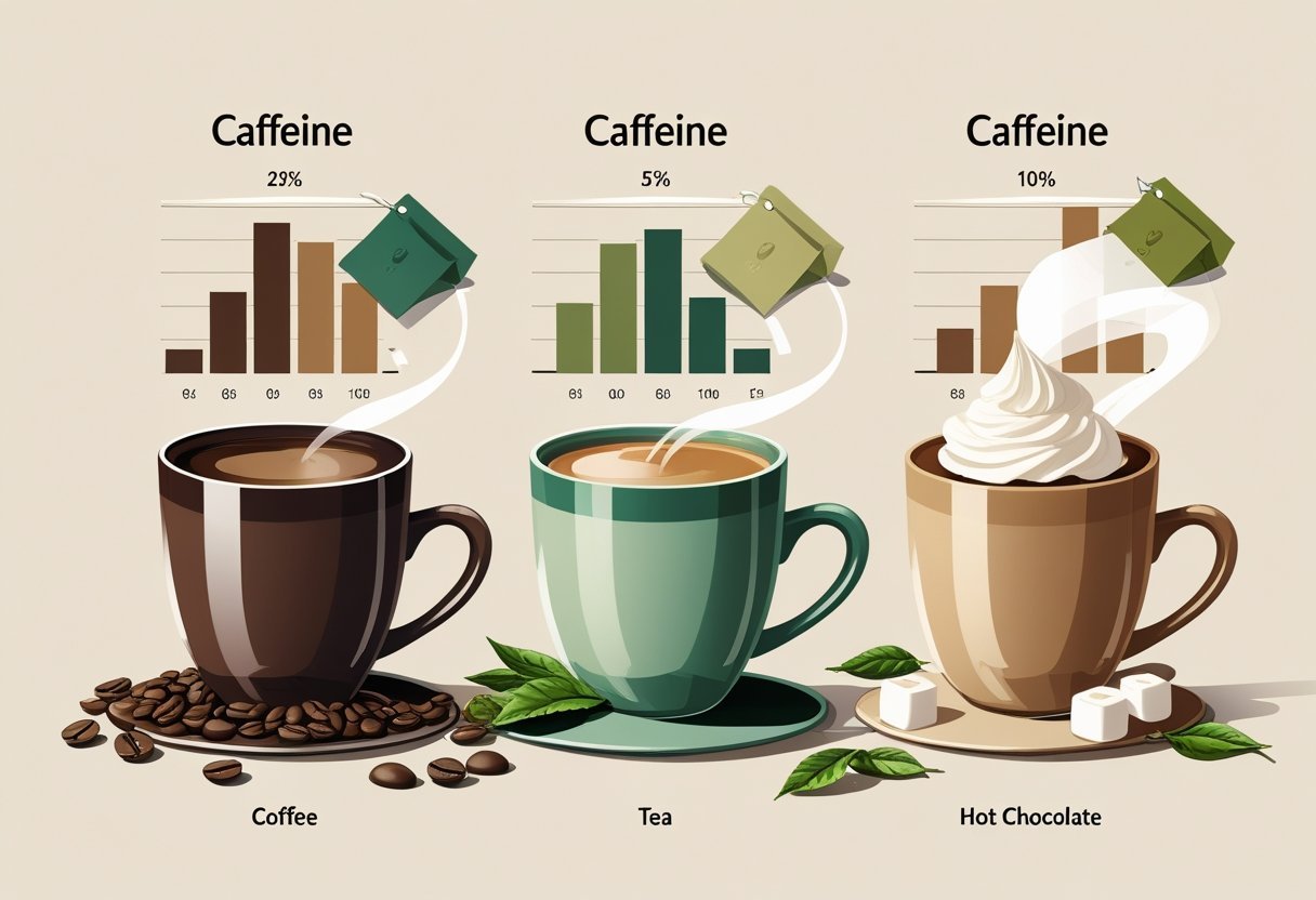 Three cups showing coffee, tea, and hot chocolate side by side with visual indicators of their caffeine levels.