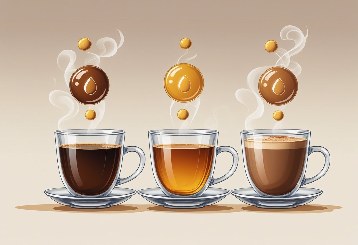 Three cups side by side containing coffee, tea, and hot chocolate with floating caffeine molecule icons above each, sized to show their relative caffeine content.