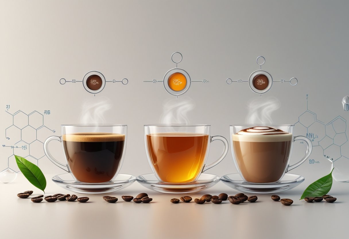 Three cups side by side containing coffee, tea, and hot chocolate with floating caffeine molecule icons above each cup indicating different caffeine levels.