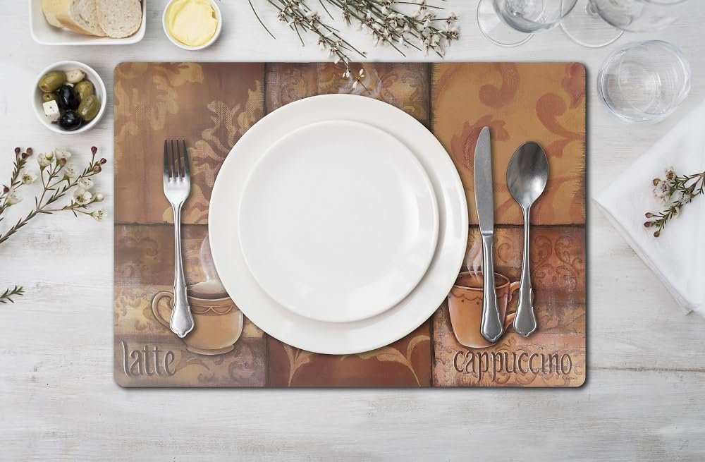 Vinyl Rectangular Placemats Set of 4 - Non Slip Place Mats Ideal for Indoor and Outdoor Dining Table - Washable and Heat Resistant Fall Placemats for Kitchen Tables (Coffee Tiles)