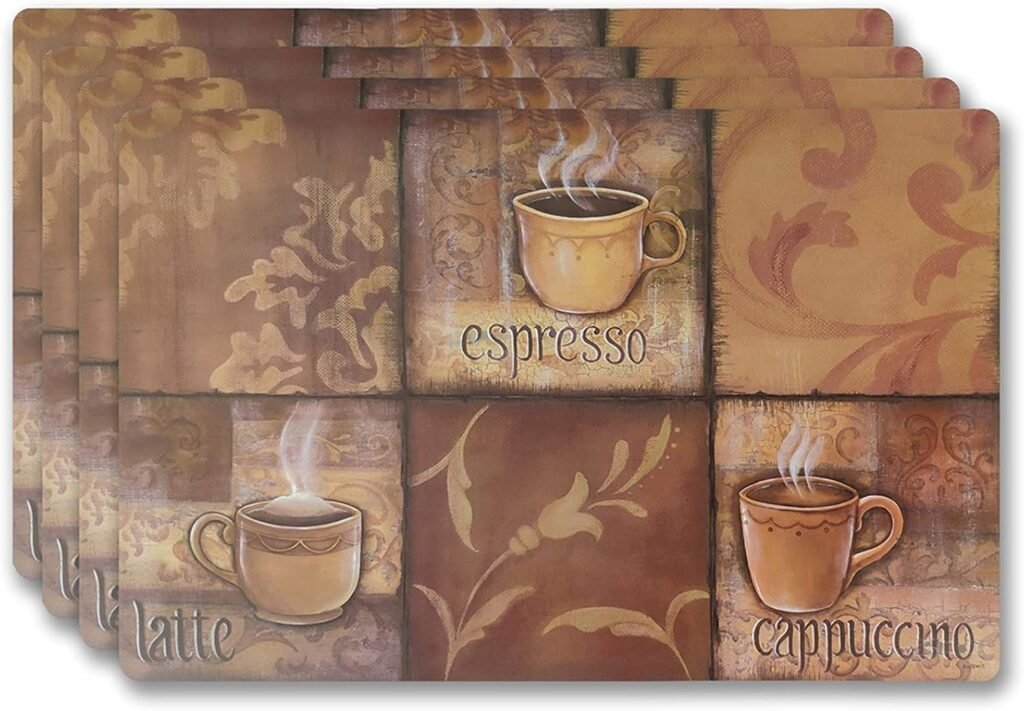 Vinyl Rectangular Placemats Set of 4 - Non Slip Place Mats Ideal for Indoor and Outdoor Dining Table - Washable and Heat Resistant Fall Placemats for Kitchen Tables (Coffee Tiles)