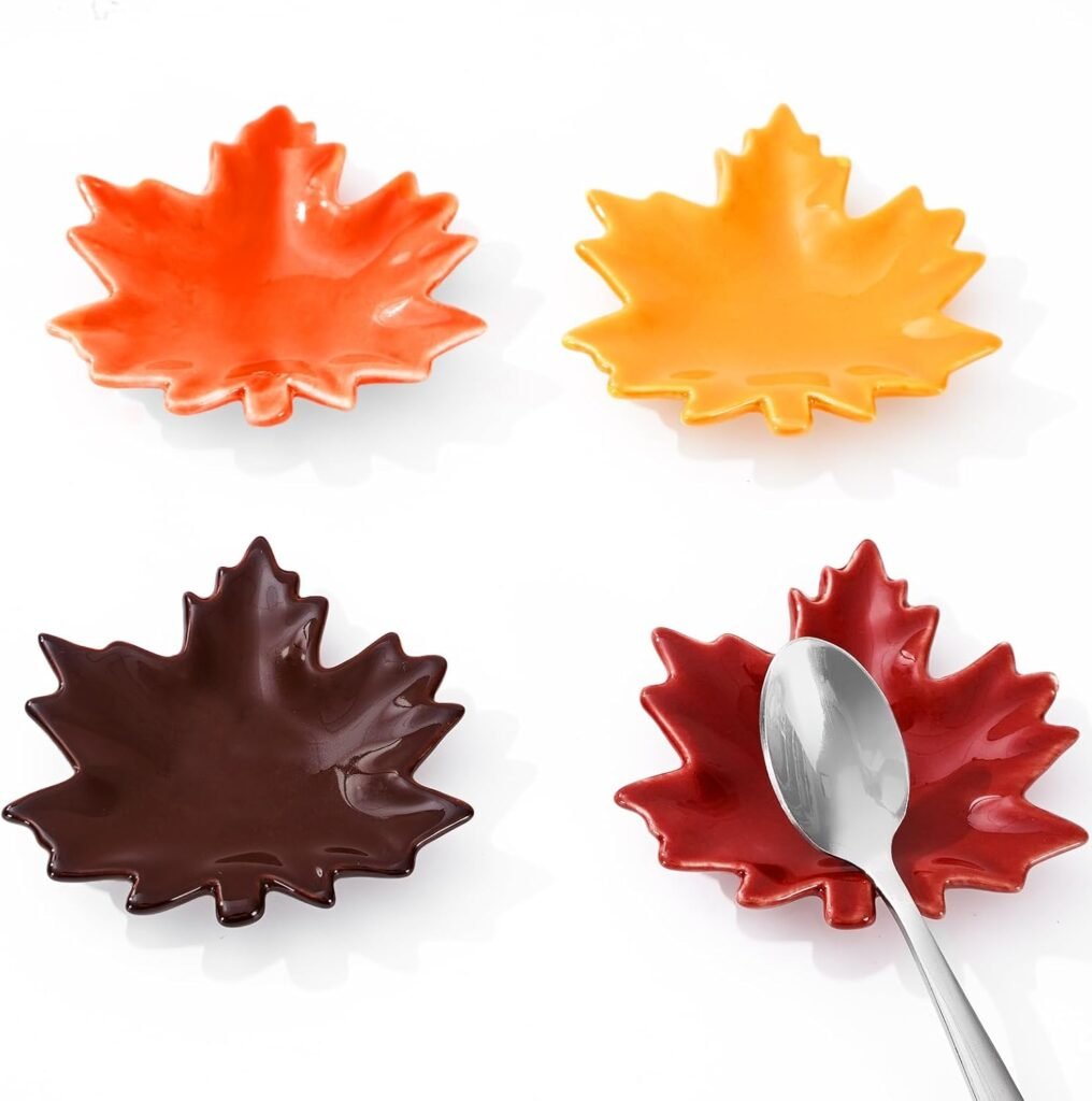 Whaline 4Pcs Fall Spoon Rest Maple Leaves Ceramic Spoon Holder Fall Color Leaves Sauce Dishes Autumn Thanksgiving Coffee Spoon Holder Ring Dish for Stove Top Cooking Utensil Kitchen Office Decor