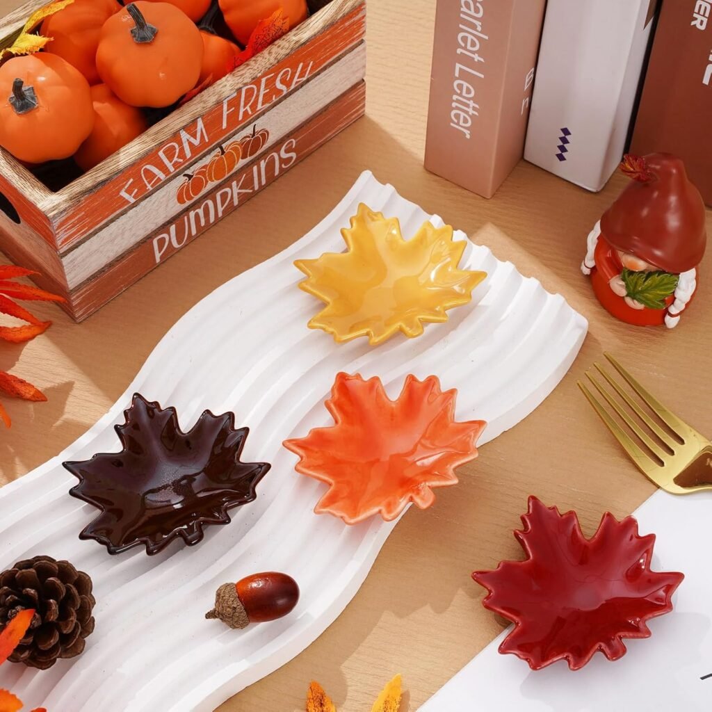 Whaline 4Pcs Fall Spoon Rest Maple Leaves Ceramic Spoon Holder Fall Color Leaves Sauce Dishes Autumn Thanksgiving Coffee Spoon Holder Ring Dish for Stove Top Cooking Utensil Kitchen Office Decor
