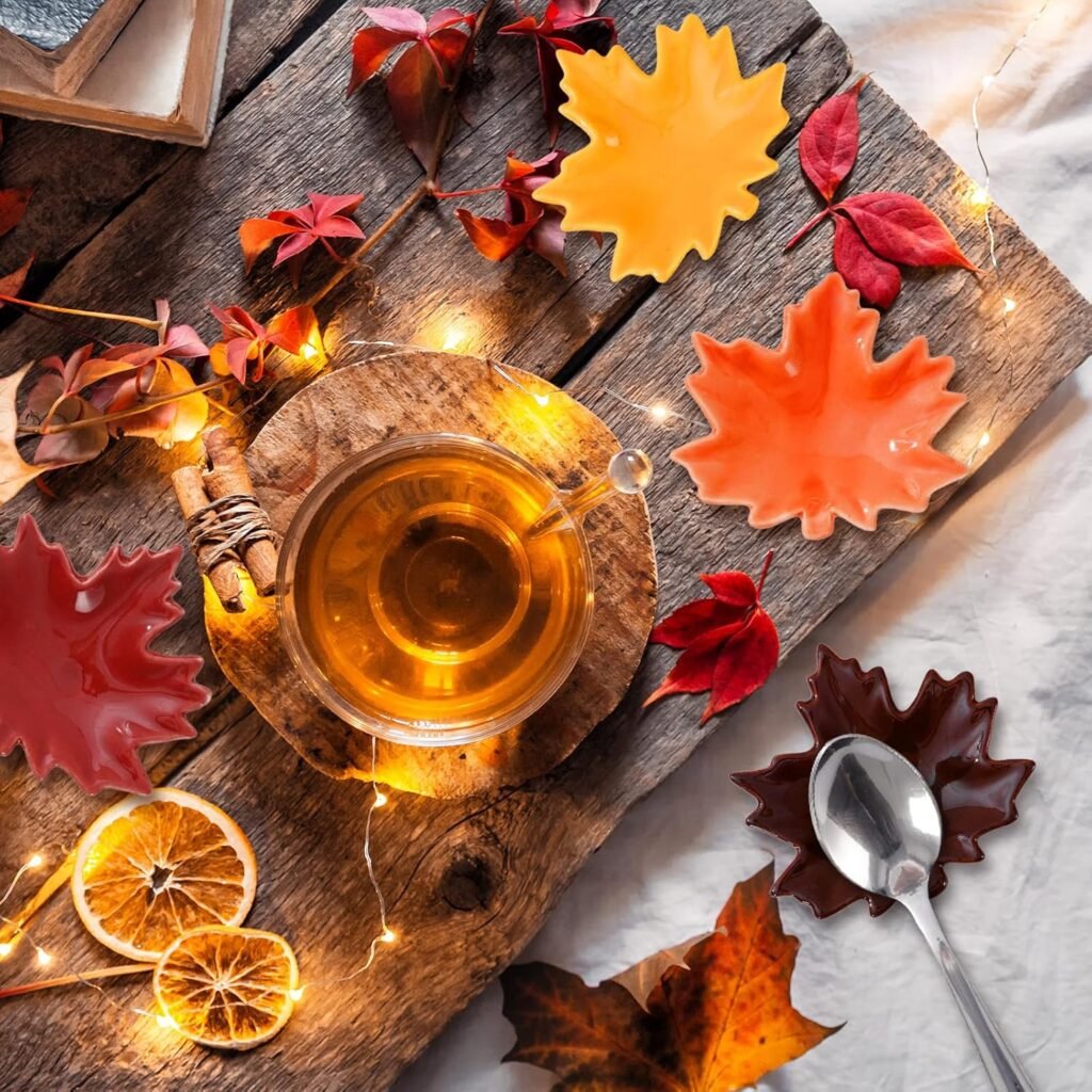 Whaline 4Pcs Fall Spoon Rest Maple Leaves Ceramic Spoon Holder Fall Color Leaves Sauce Dishes Autumn Thanksgiving Coffee Spoon Holder Ring Dish for Stove Top Cooking Utensil Kitchen Office Decor