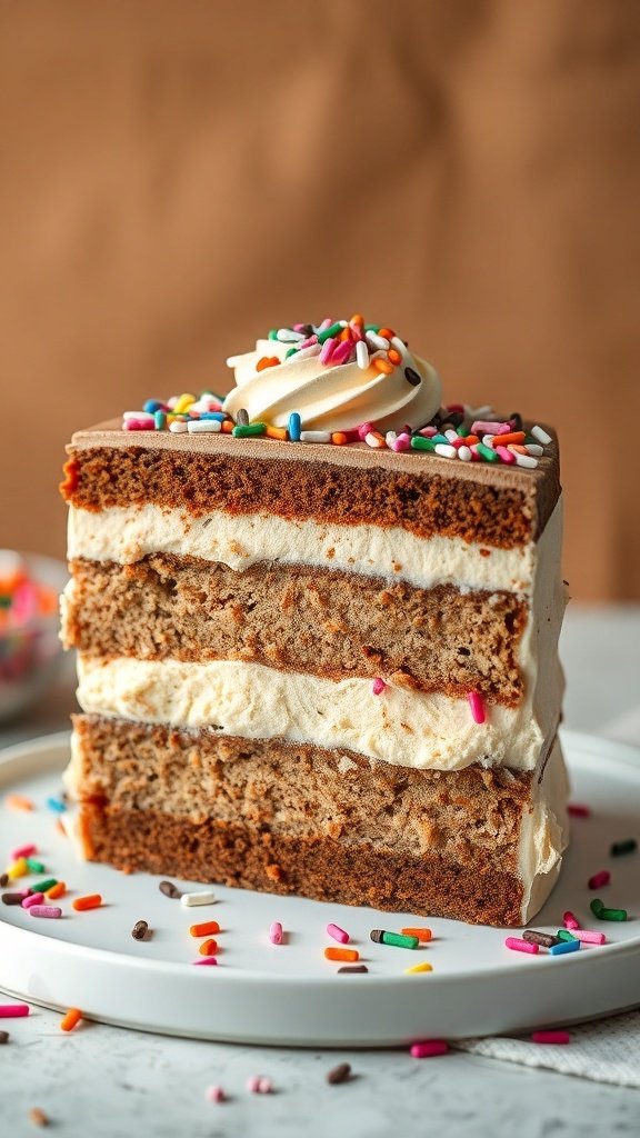 A slice of coffee ice cream cake topped with sprinkles on a plate.