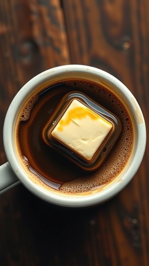 A cup of coffee with a pat of butter on top, set on a wooden table.