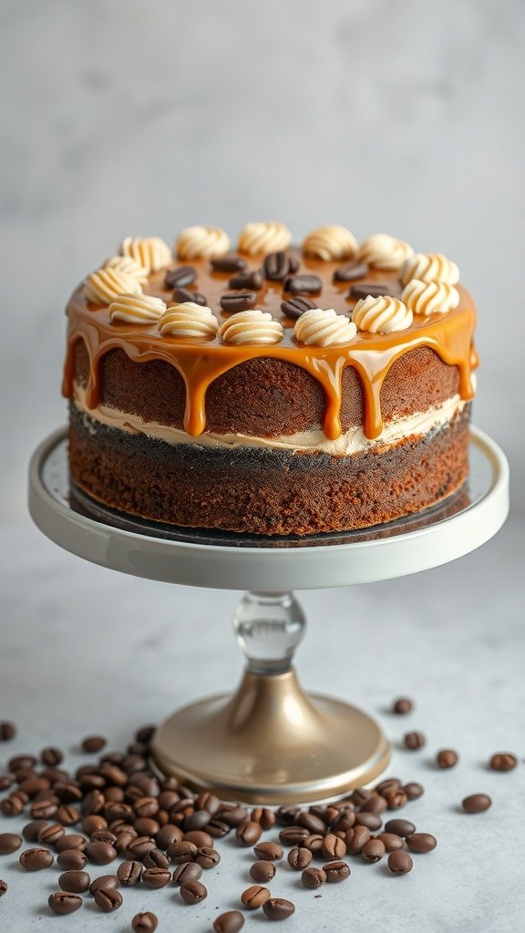 A beautifully layered coffee cake with caramel glaze and coffee beans on top, displayed on a cake stand.