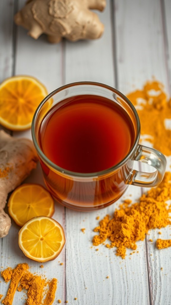 A glass of turmeric tea with ginger, surrounded by fresh ginger, lemon slices, and turmeric powder.